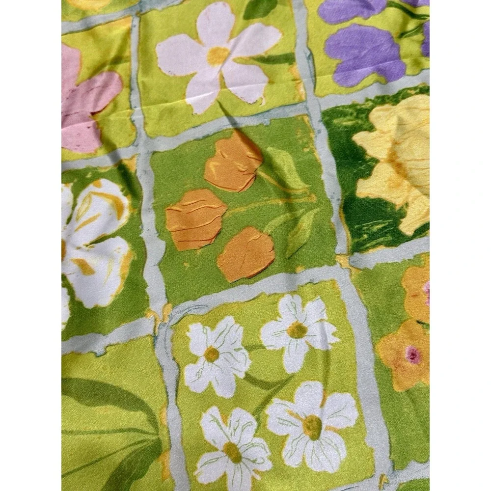 Women Floral Square Scarf Silky Satin Neck Head Wrap Bandana Green Flower Tile